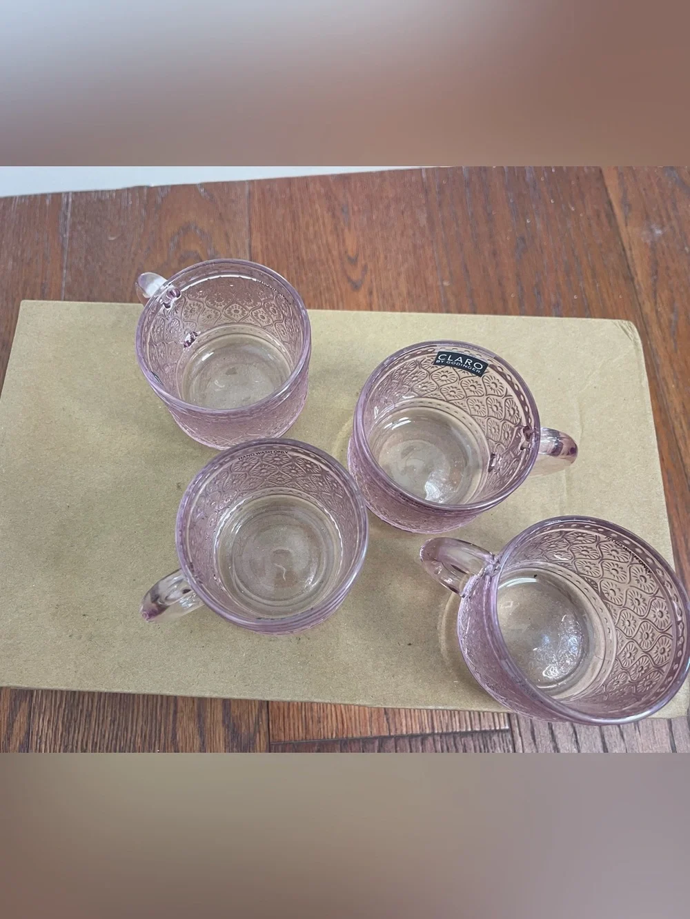Claro by Godinger Pink Rose Embossed Glass Sandwich Tea Cups